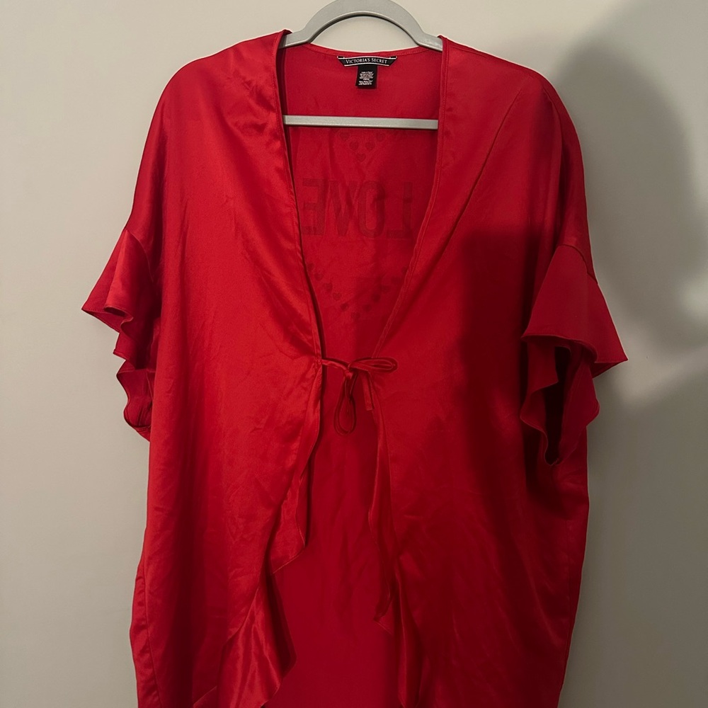 Red Satin Kimono with Ruffle Sleeves